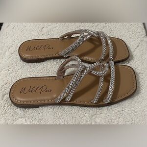 Wild Pair Beige Slide Sandals with Rhinestone Straps